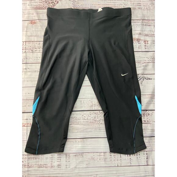 Nike Dri Fit Athletic Capri Pants Womens L Black Logo Back Zip Pocket Mesh - Picture 1 of 11